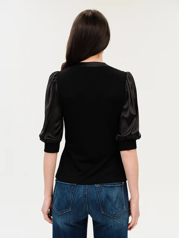 Black Mixed Media Ribbed Satin Sleeve Top