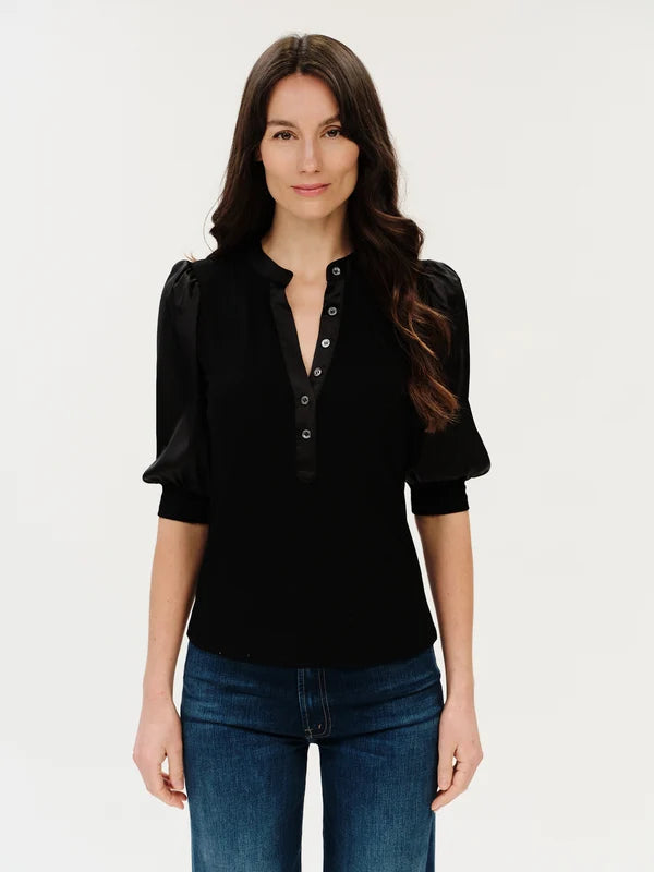 Black Mixed Media Ribbed Satin Sleeve Top-a-styledcollective