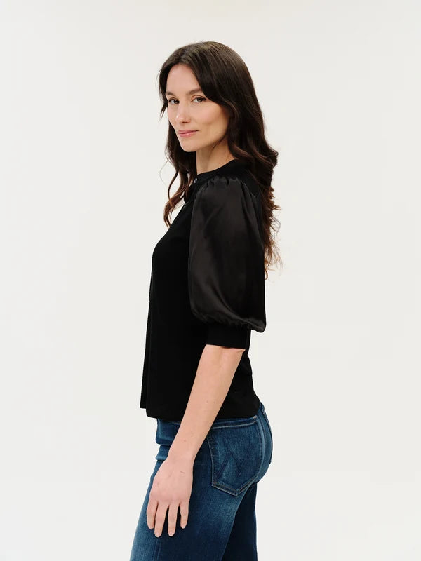 Black Mixed Media Ribbed Satin Sleeve Top