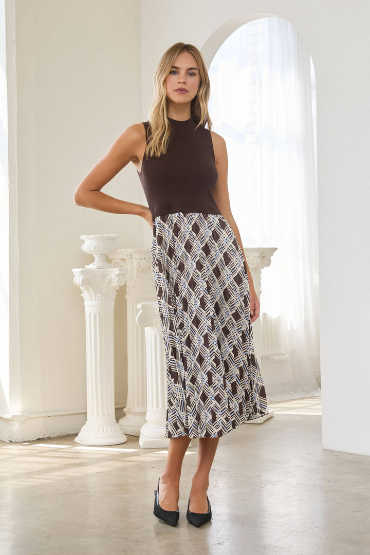 Fall Dress with Brown Sleeveless top and brown/blue plaid skirt 