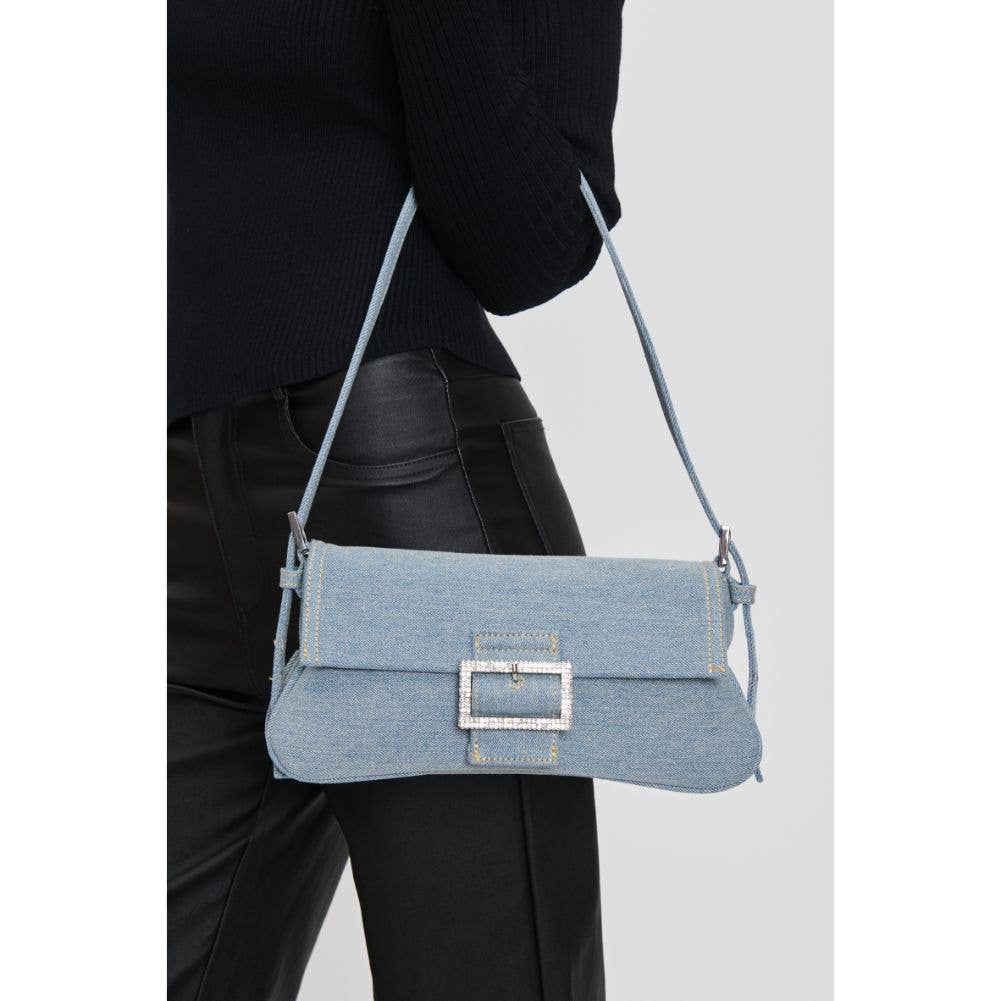 Denim handbag with rhinestone buckle