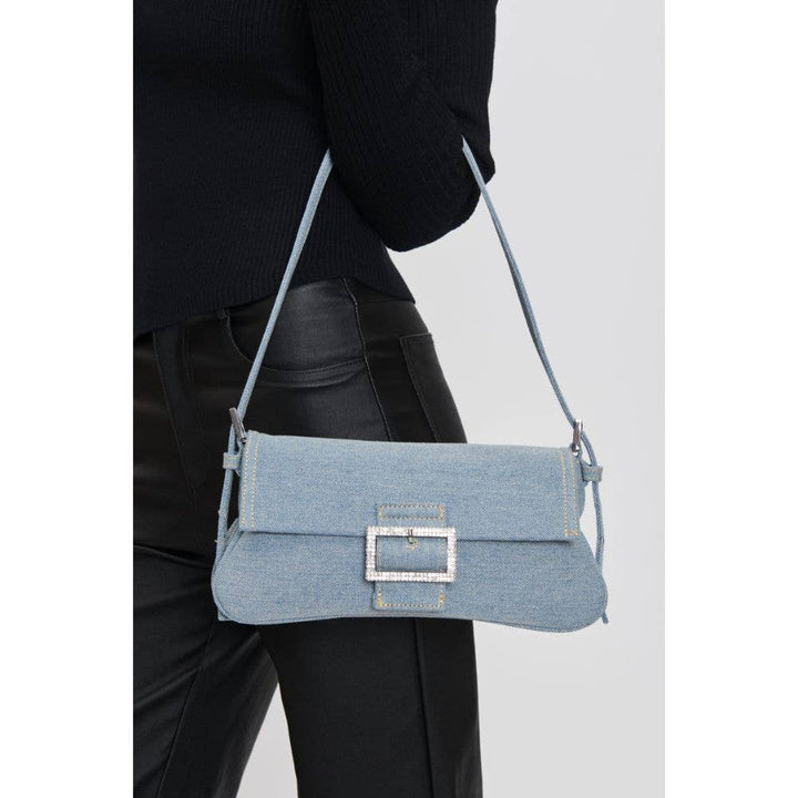 Denim handbag with rhinestone buckle