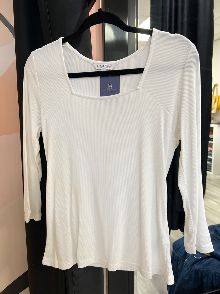 White Square Neck Long Sleeve Top