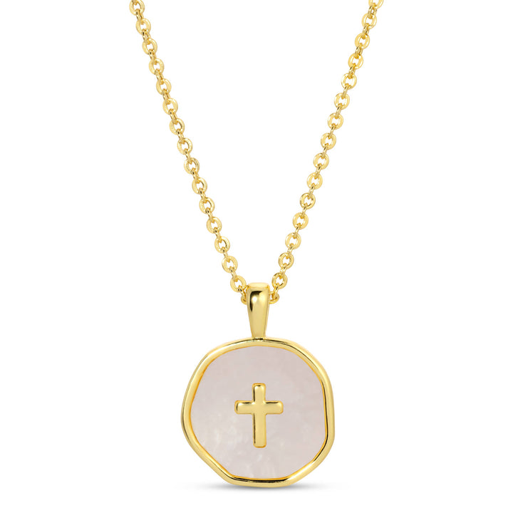 Gold Cross Necklace with Pearl Background 