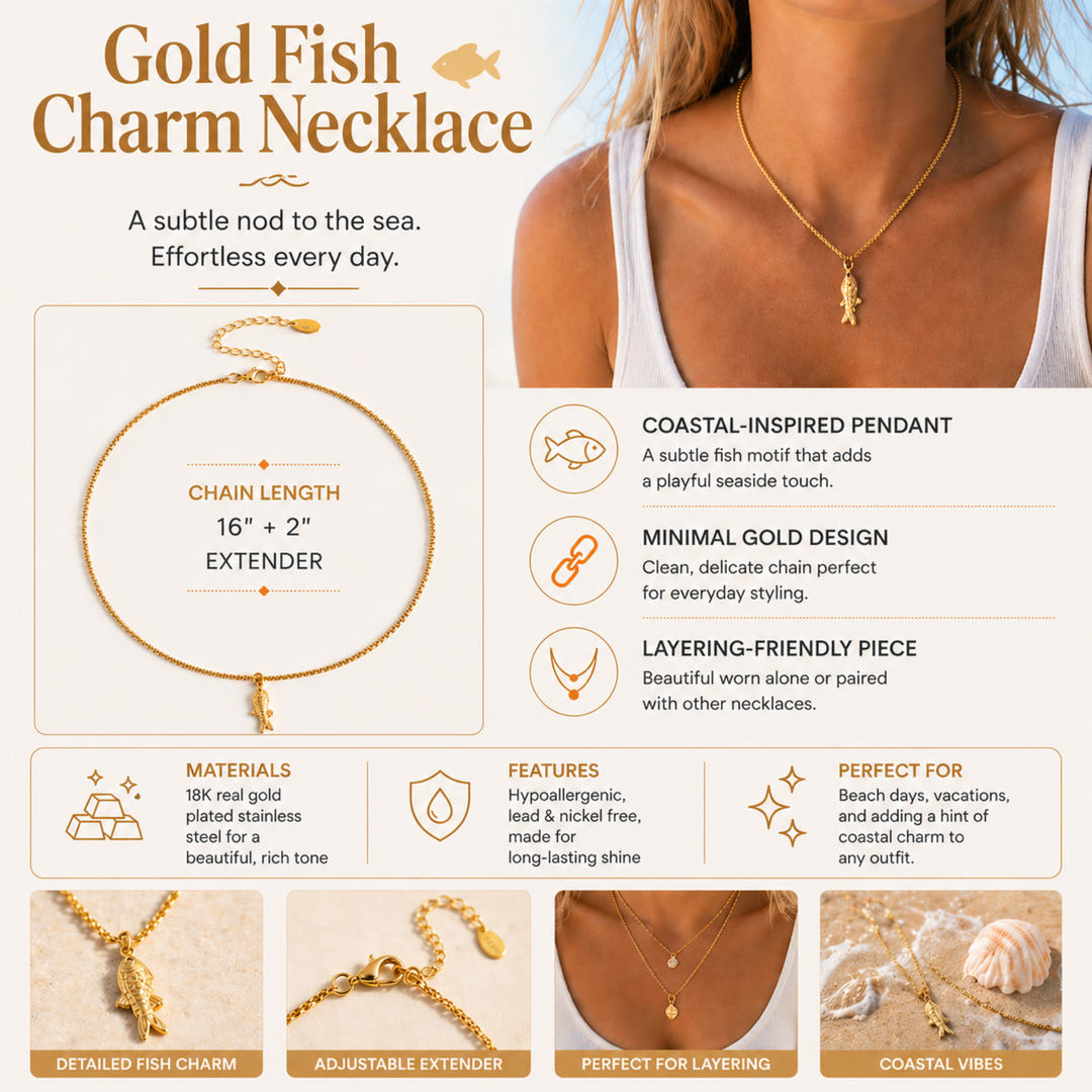 Tarnish Free Gold Fish Charm Necklace 