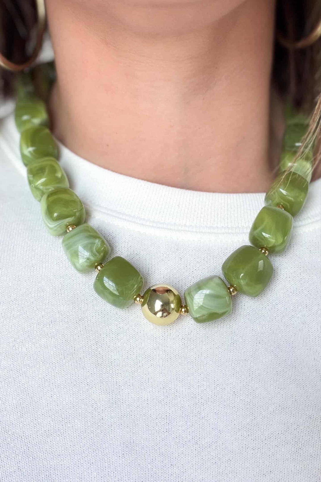 Green Bead Necklace with gold ball 