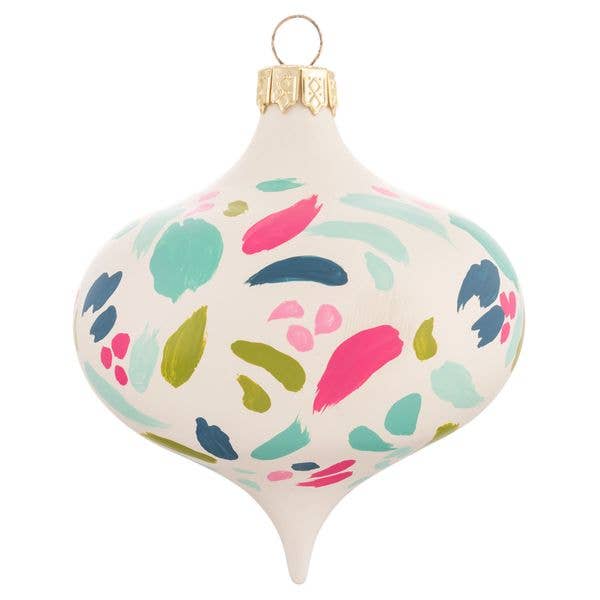 Decorative Christmas ornament with colorful abstract patterns on a white background
