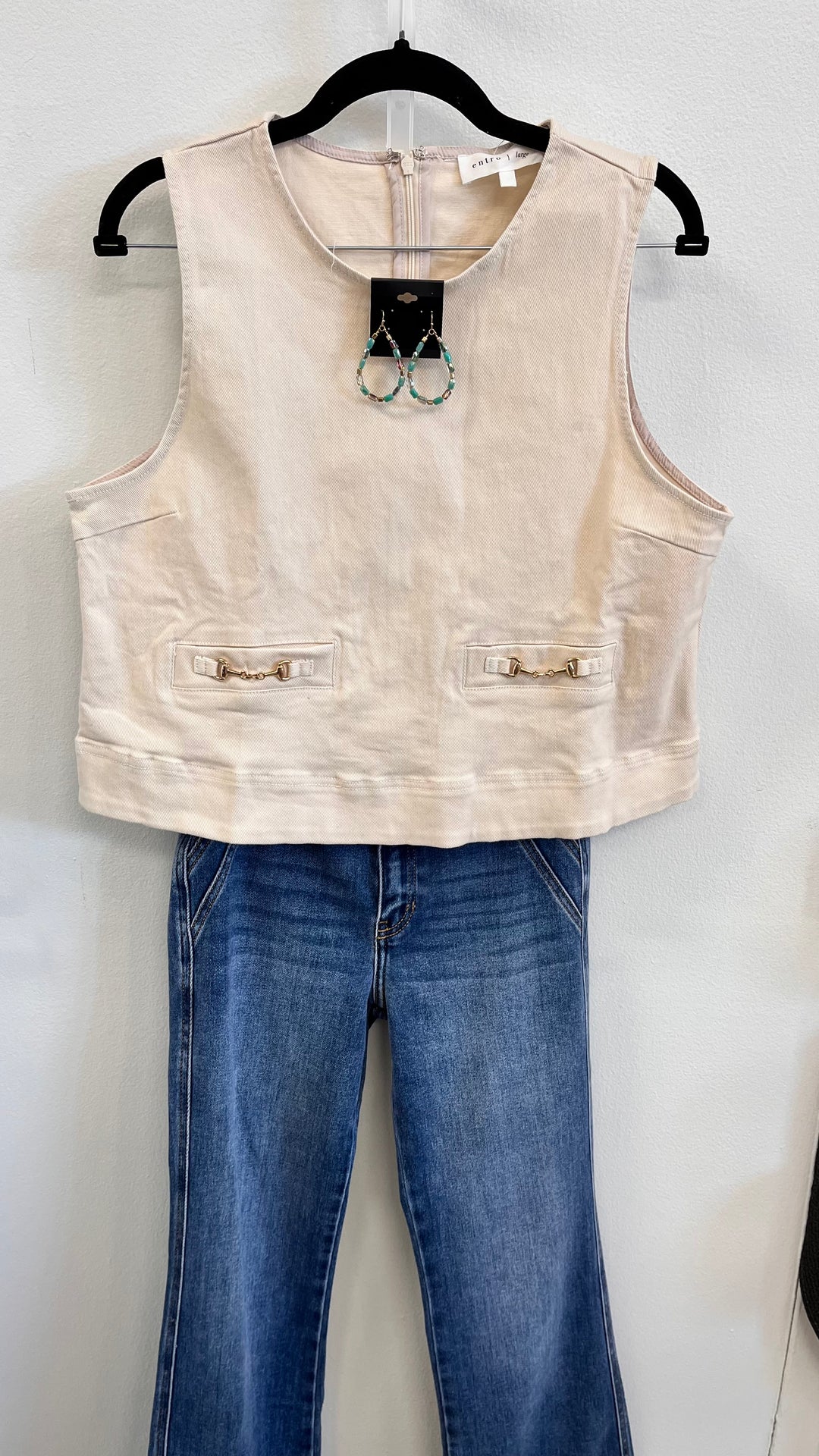 Ecru Sleeveless Top with Buckle Detail