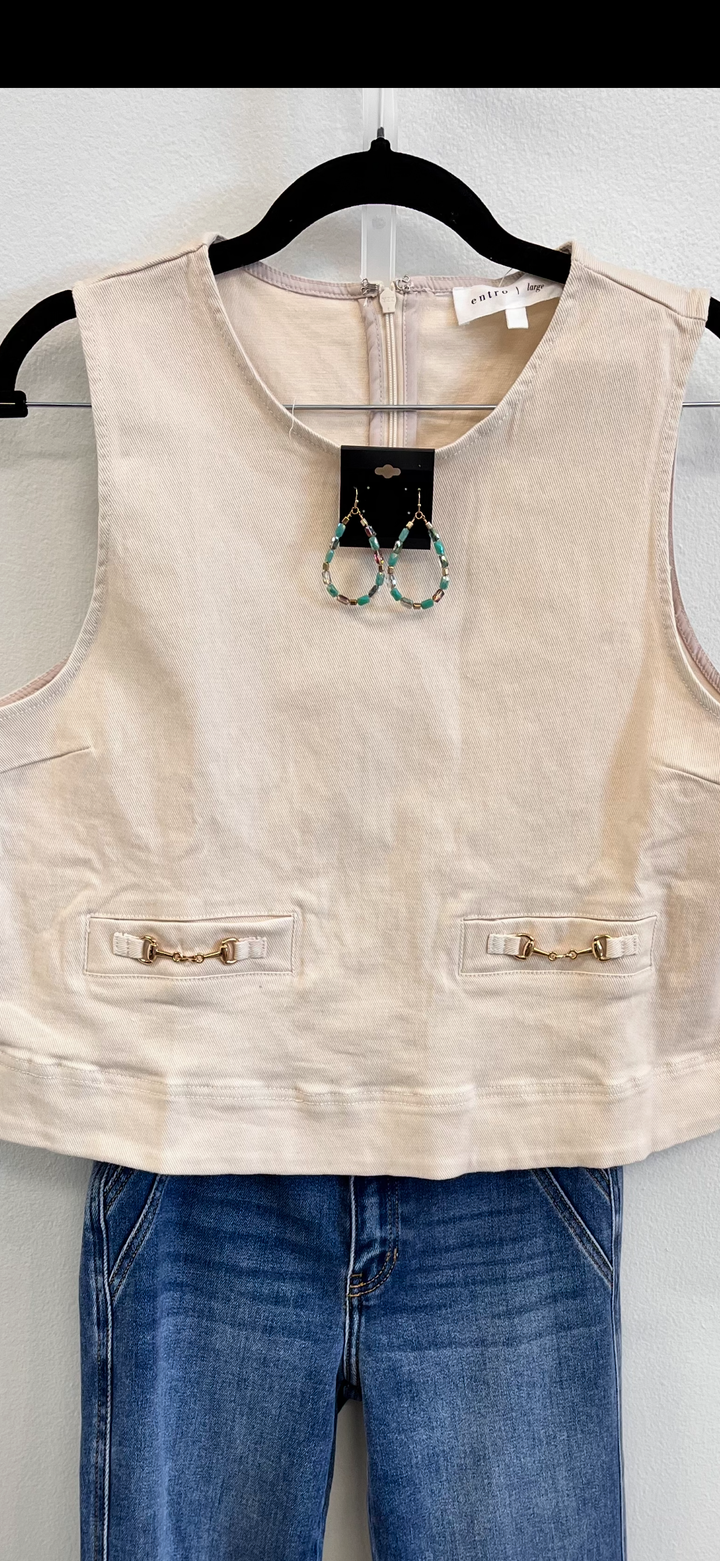 Ecru Sleeveless Top with Buckle Detail