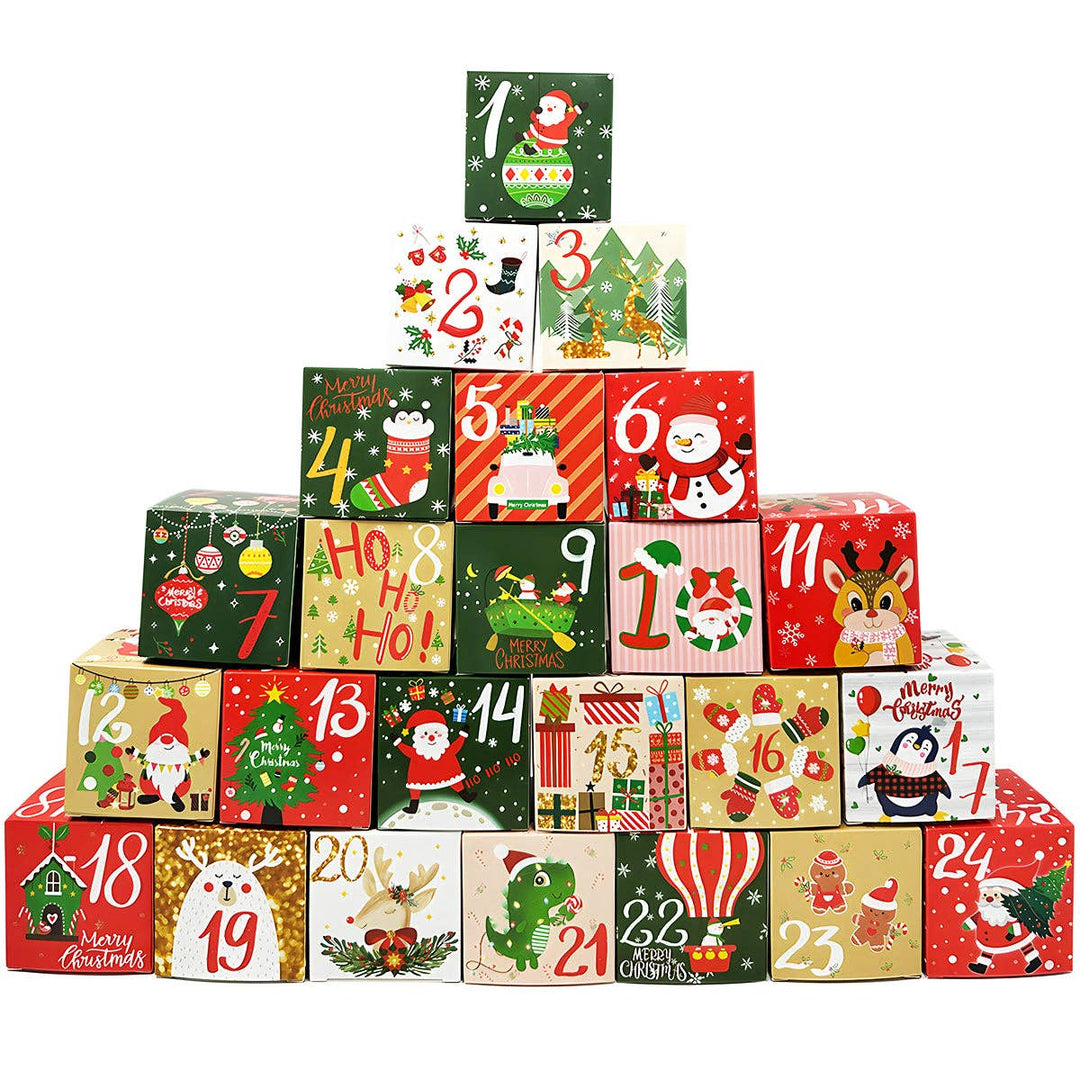 A Christmas advent set arranged in a pyramid stack, featuring 24 small boxes with colorful festive illustrations, numbers 1 through 24, and holiday designs on a plain white background.