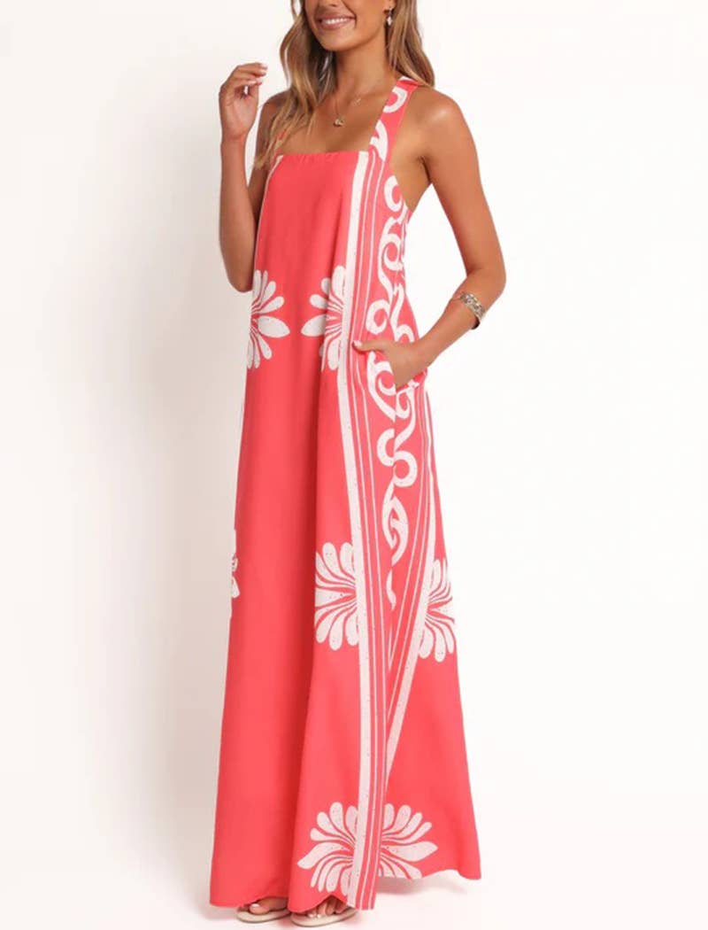 Red White Maxi Dress with Flowers 