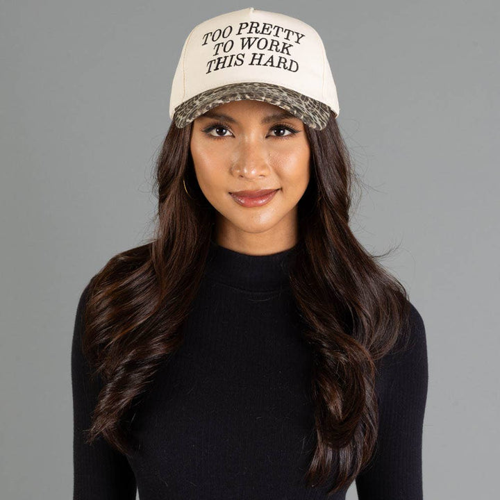 Too Pretty To Work This hard trucker hat with leopard bill 100% Cotton 