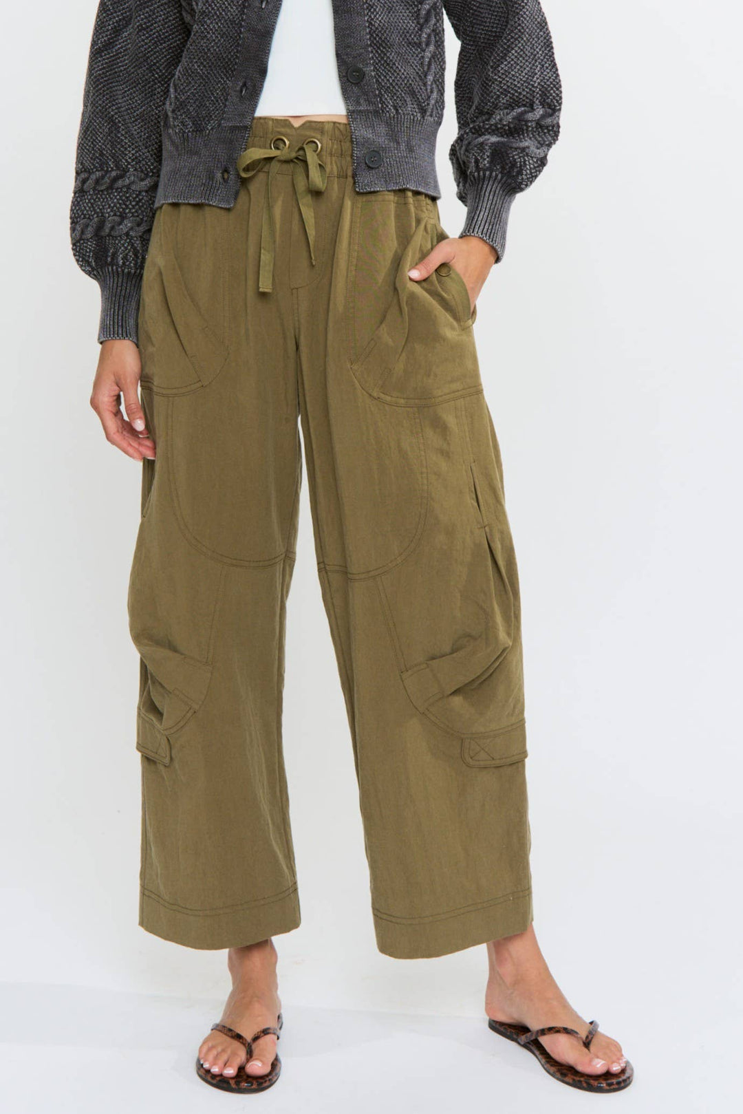 Wide Leg Olive Cargo Pants with Pockets 