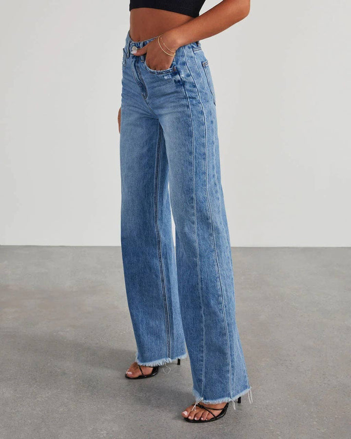 wide leg denim pant with frayed bottom 