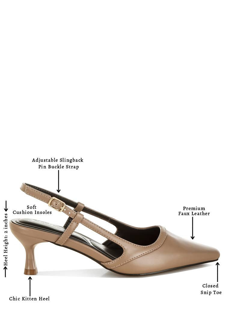 A Styled Collective beige faux leather kitten heel slingback with a snip toe, buckle strap, and cushioned insole.