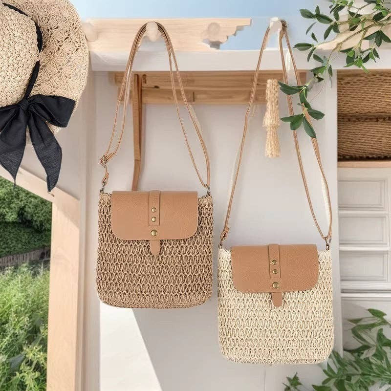 A Styled Collective patchwork straw crossbody bags with tan leather-look flaps and adjustable shoulder straps
