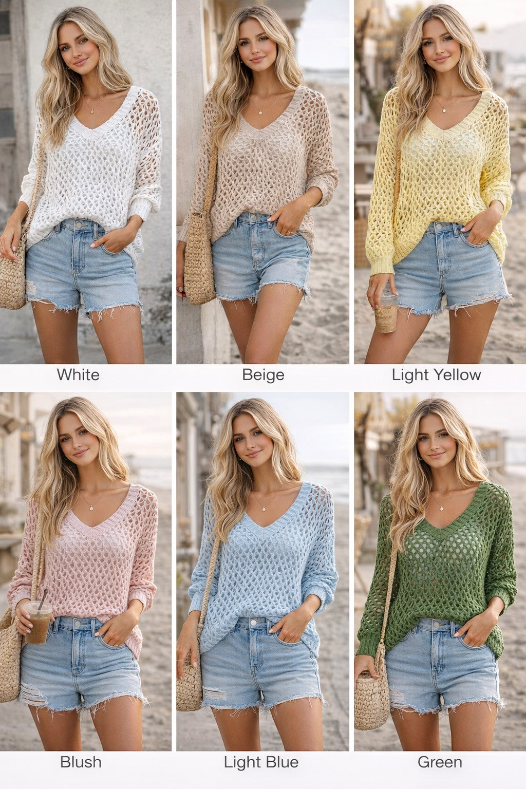 A Styled Collective tan open-knit pullover with a relaxed fit and v-neck, worn with denim shorts on a beach.