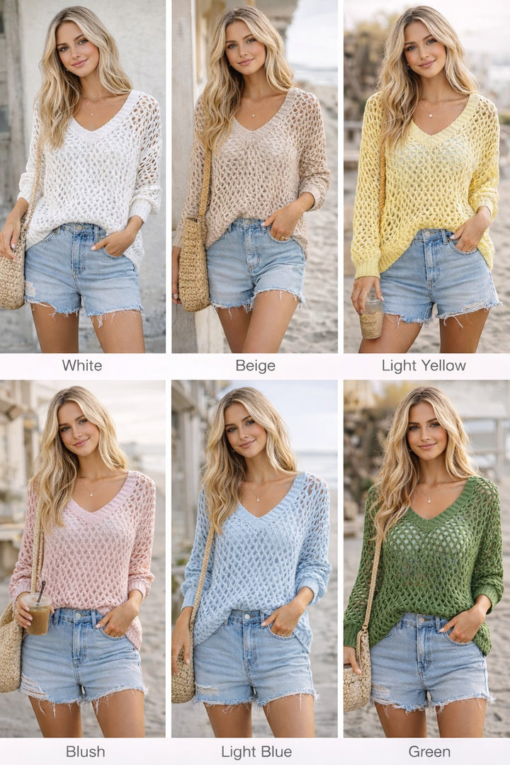 A Styled Collective tan lightweight open-knit pullover with a relaxed fit, worn over denim shorts on a beach.