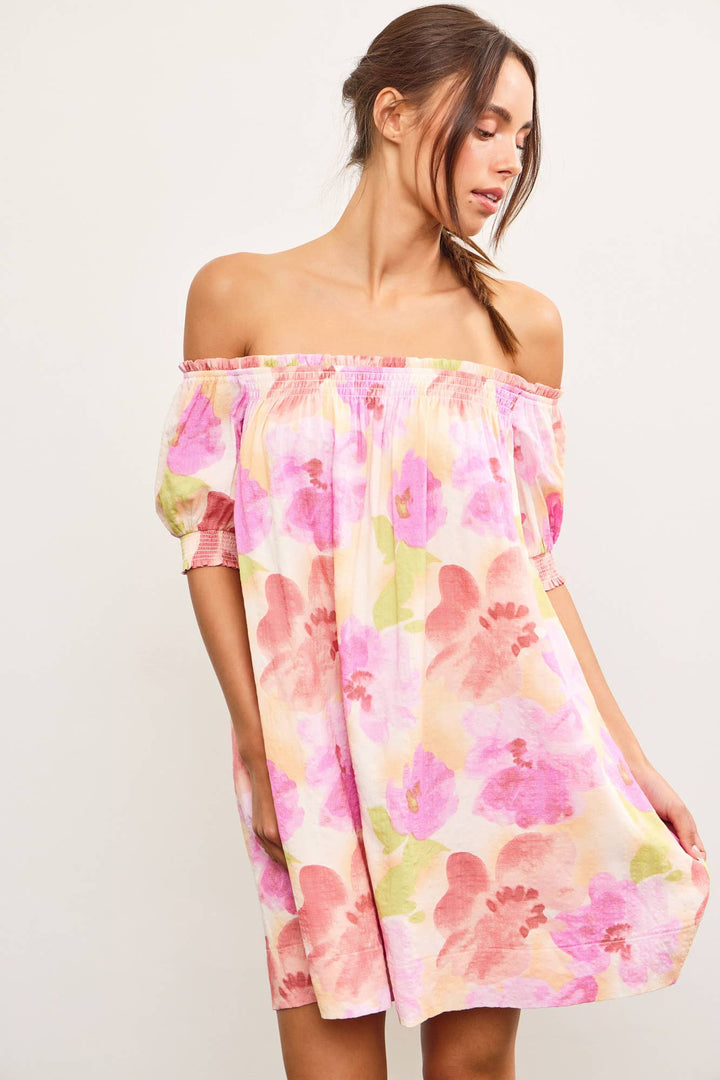 Pink Yellow Floral Off-Shoulder Floral Dress