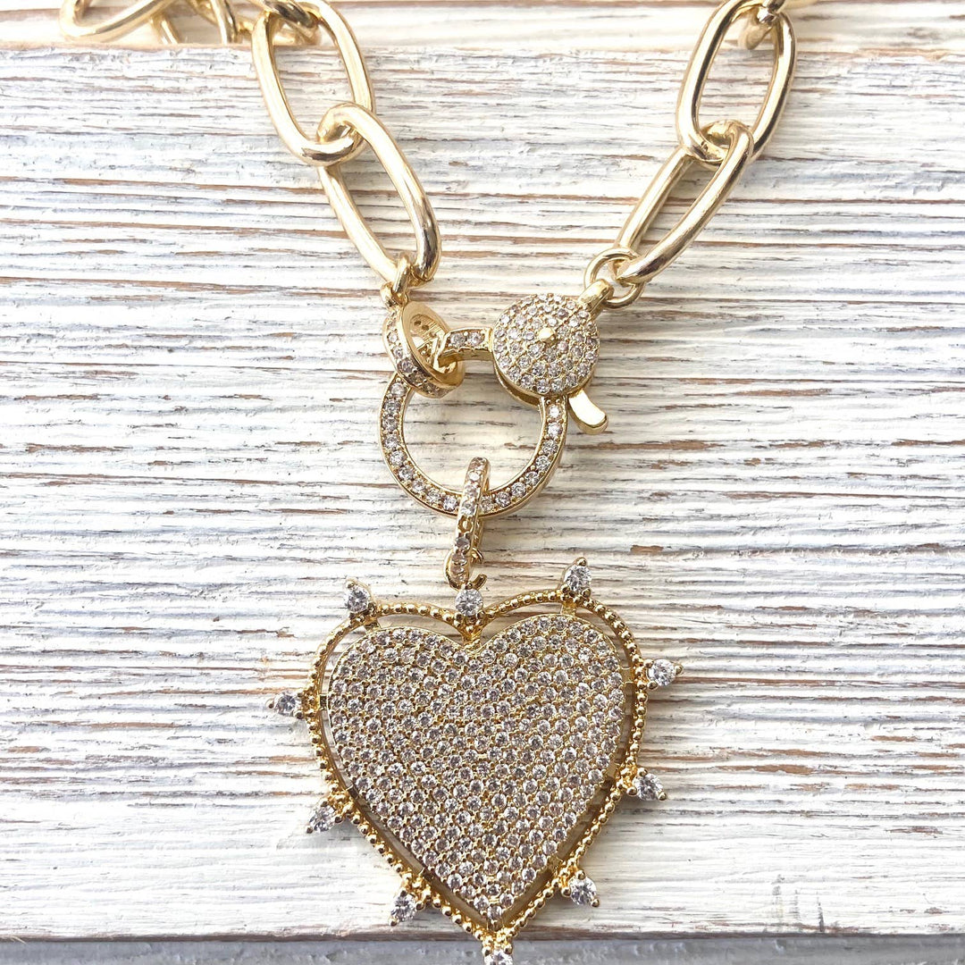 Gold sparkly heart statement necklace