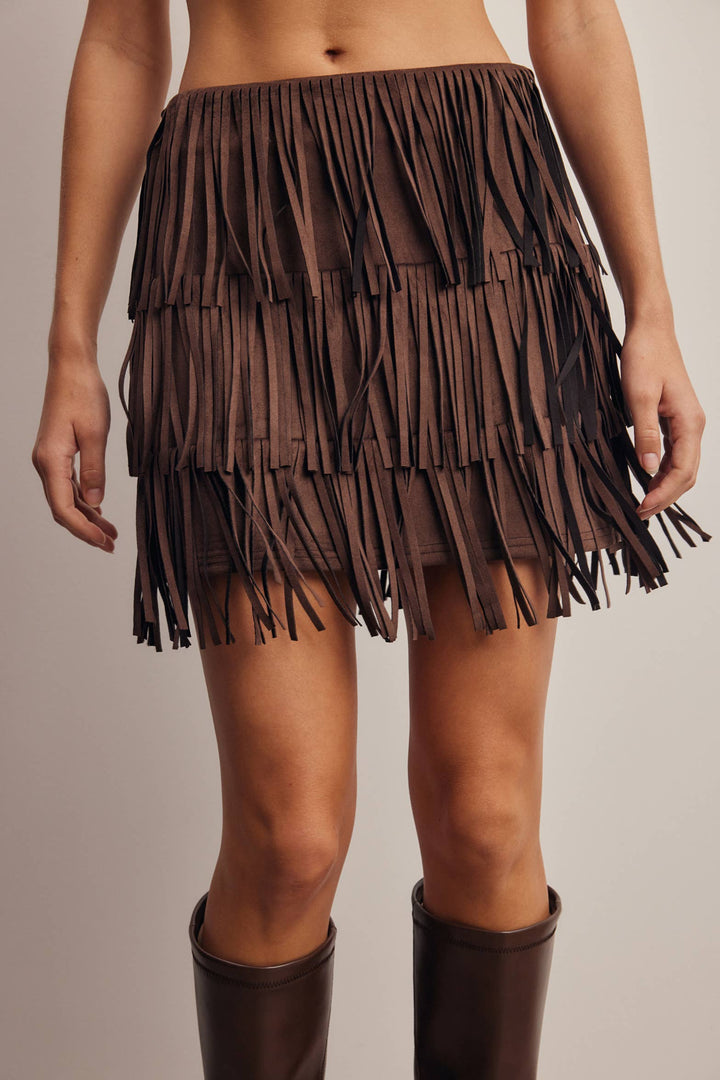 Tiered Fringe Stretch Suede Mini Skirt