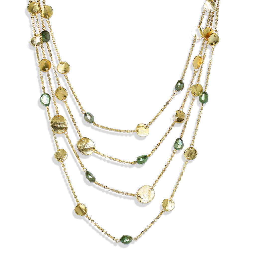 Coin and green pearl multi strand necklace