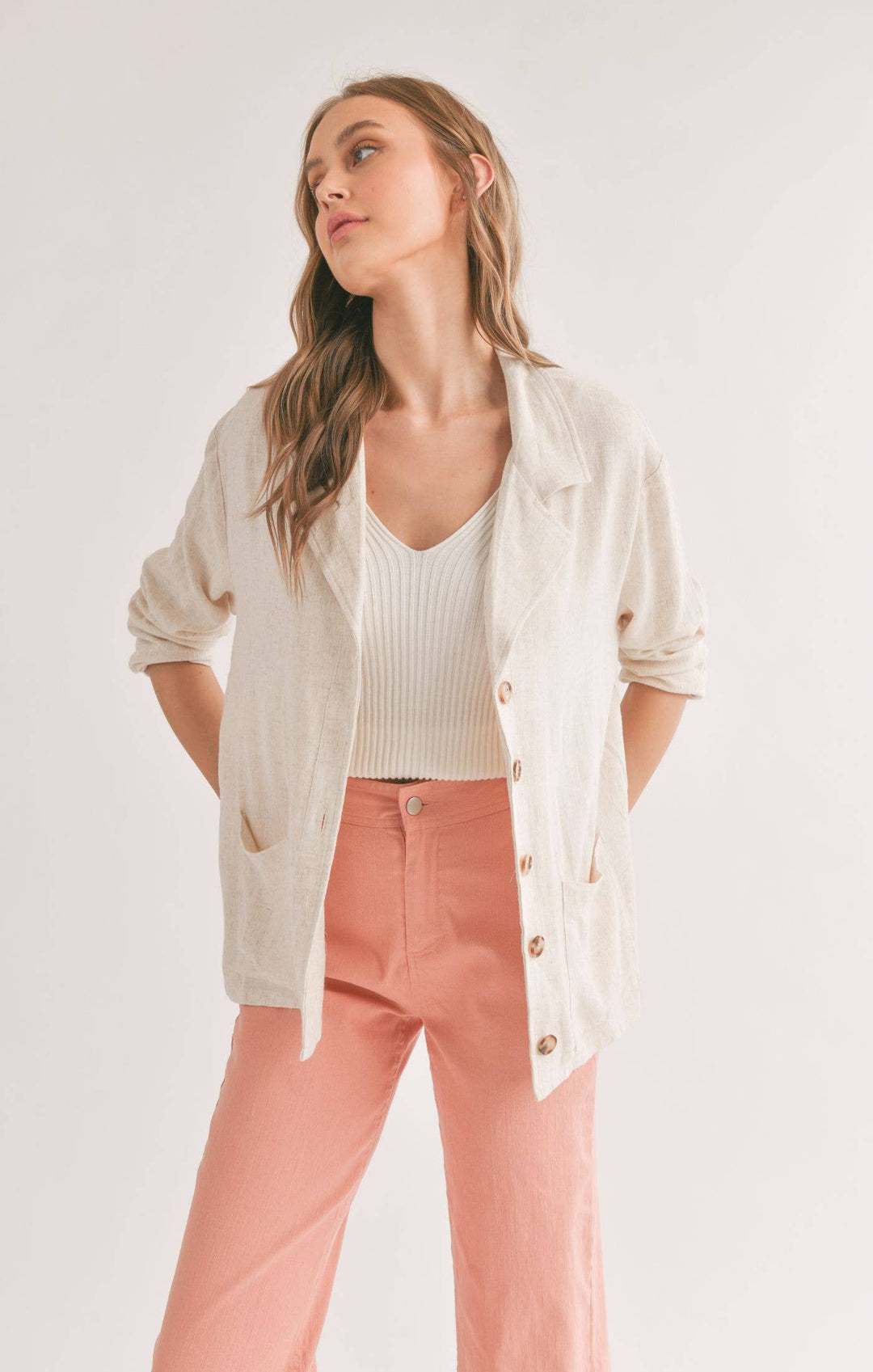 Linen Blend Jacket With Pockets: OATMEAL