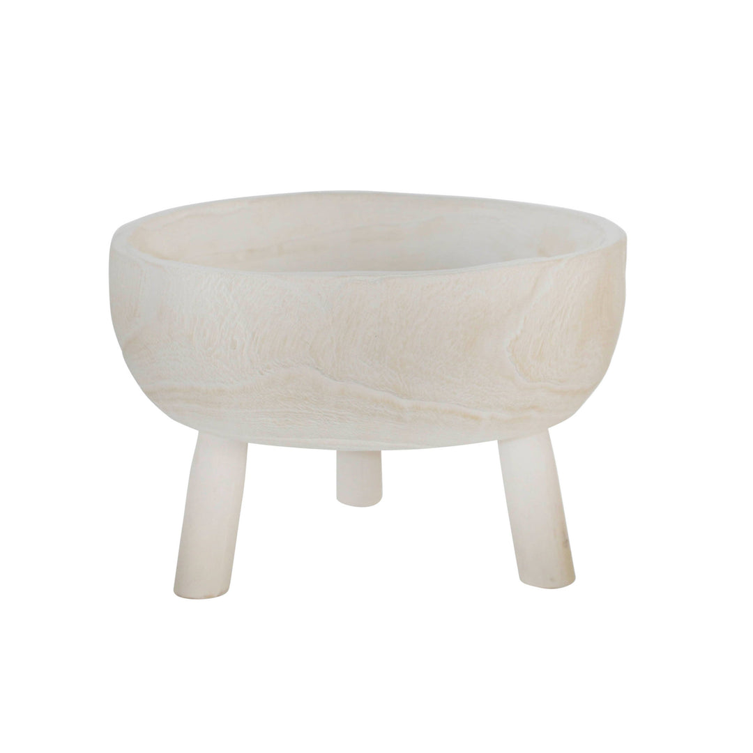 Decorative Bowl - White Wood Rustic with Tripod Legs