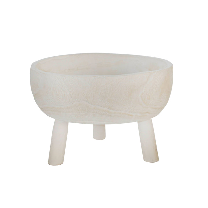 Decorative Bowl - White Wood Rustic with Tripod Legs