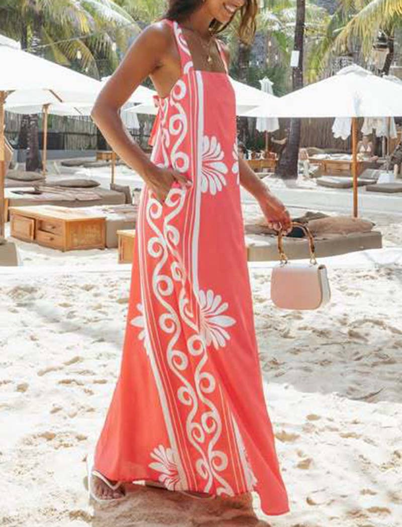 Coral  White Maxi Dress with Design