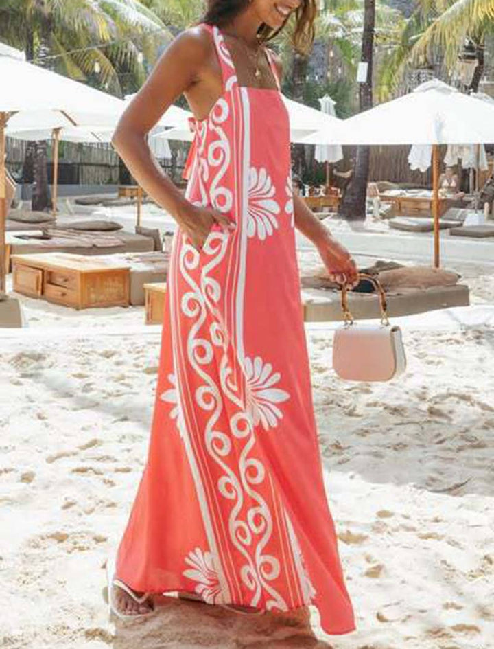 Coral  White Maxi Dress with Design