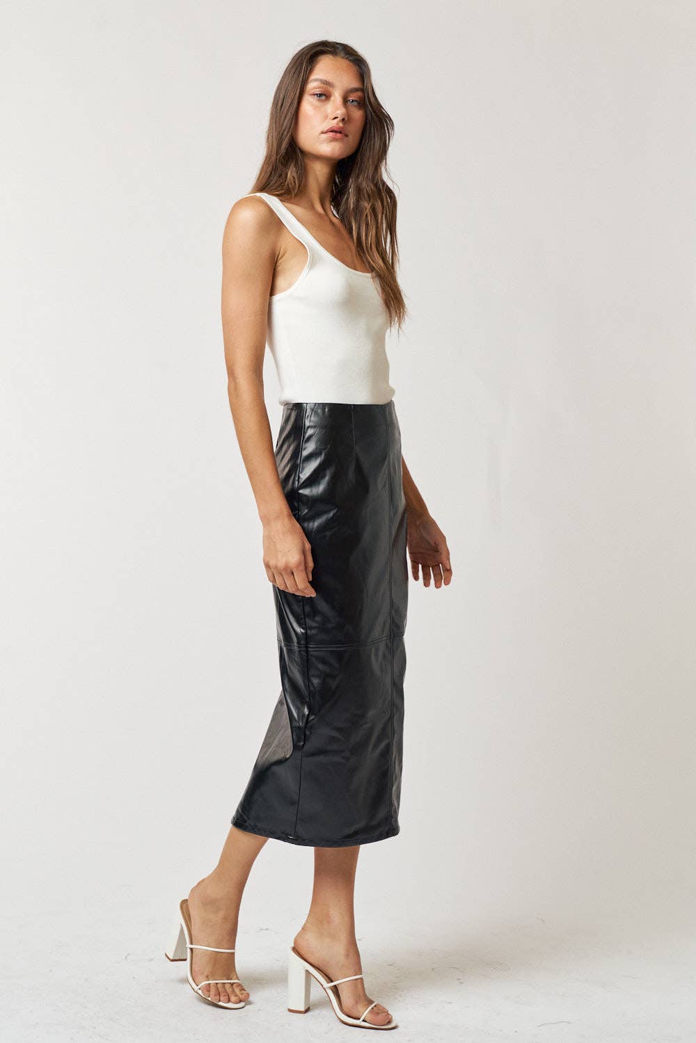 Black High Waist Leather Midi Skirt