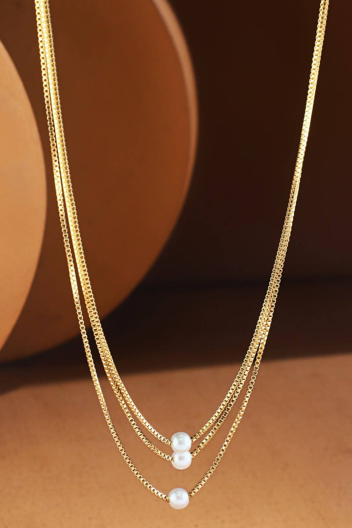 Brass 3 Layered Pearl Bead Necklace - A Styled Collective Women&