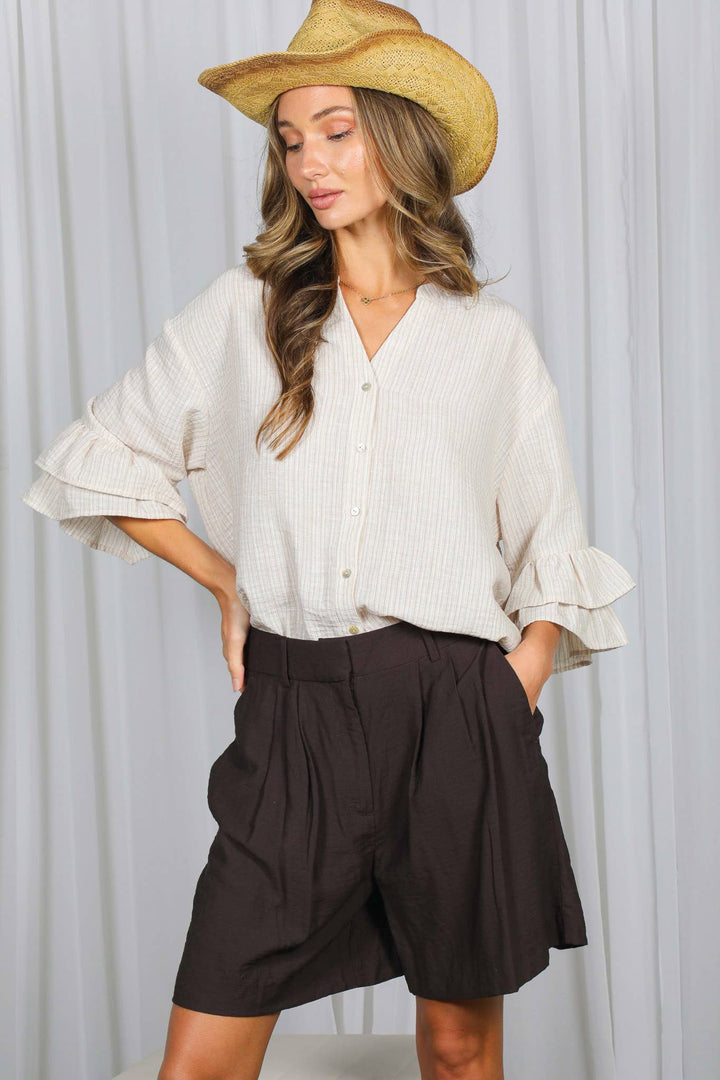 Striped V-Neck Ruffle 3/4 Sleeve Blouse Top