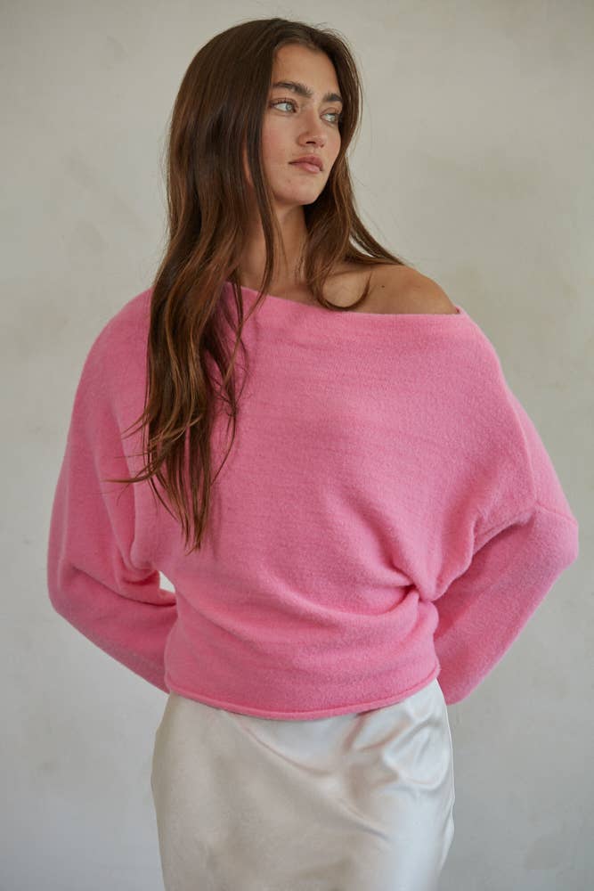Pink Sweater Boat Neck Off Shoulder Top