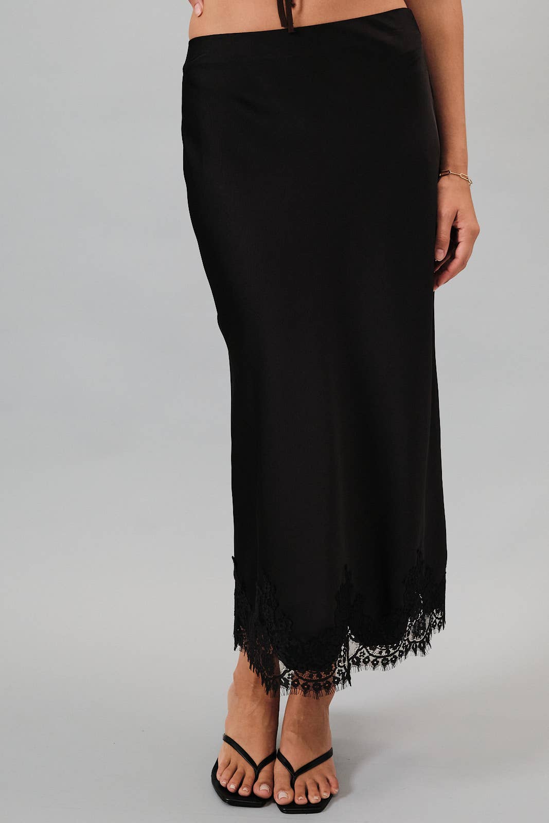 Sky Blue L ace Applique Satin Midi Skirt
