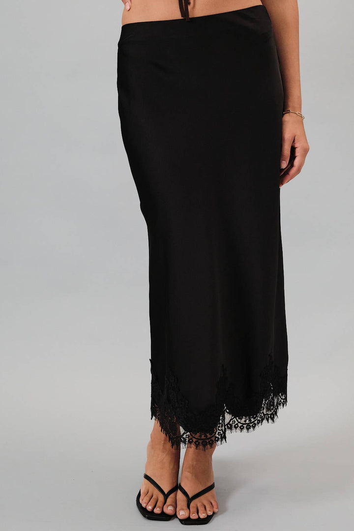 Sky Blue L ace Applique Satin Midi Skirt