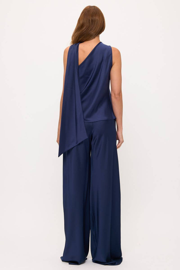 Navy Satin Top w Scarf Detail