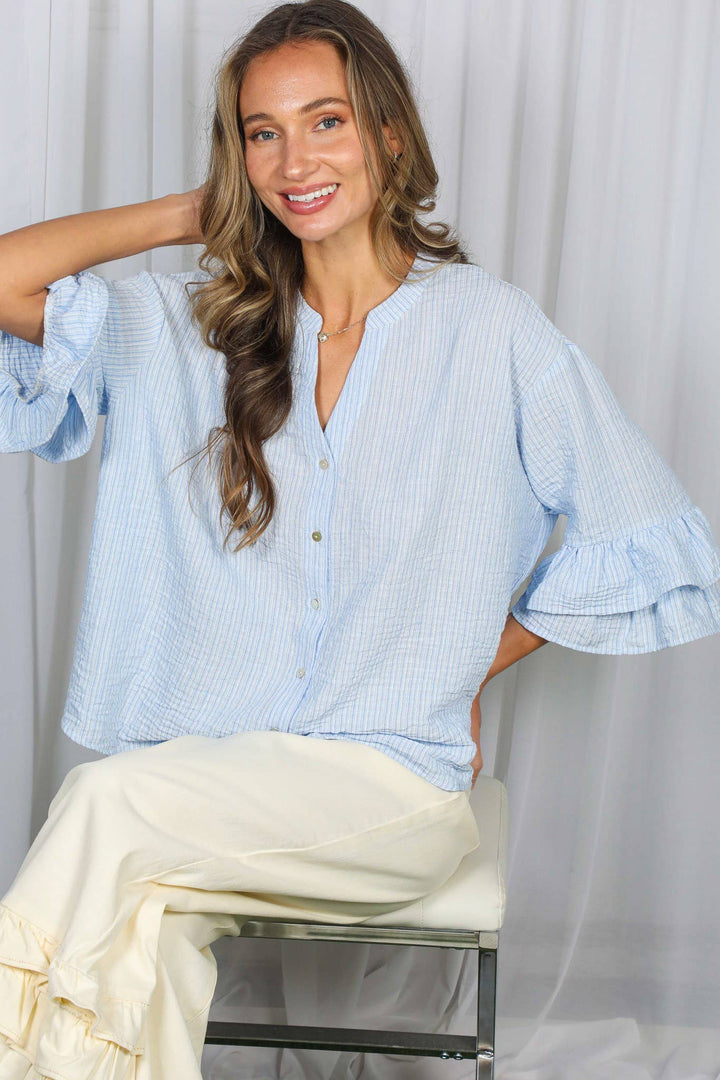 Striped V-Neck Ruffle 3/4 Sleeve Blouse Top