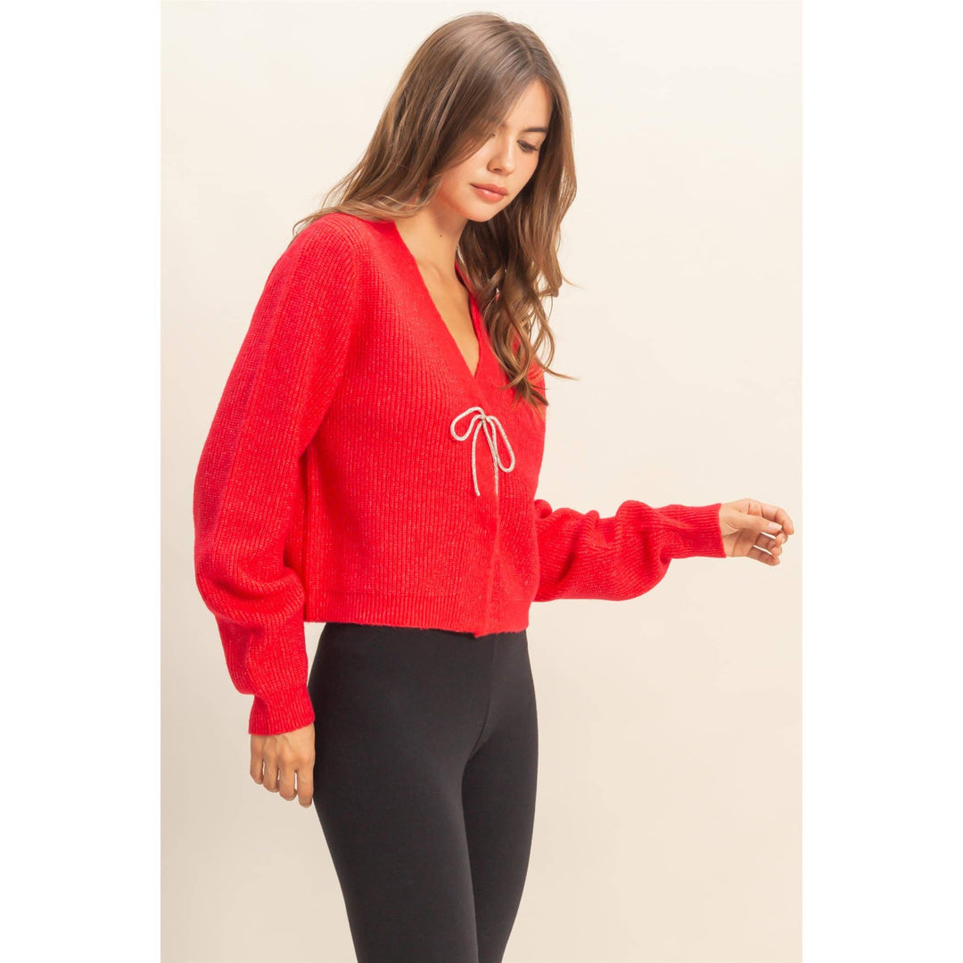 Red V Neck Sweater with Sparkly Bow