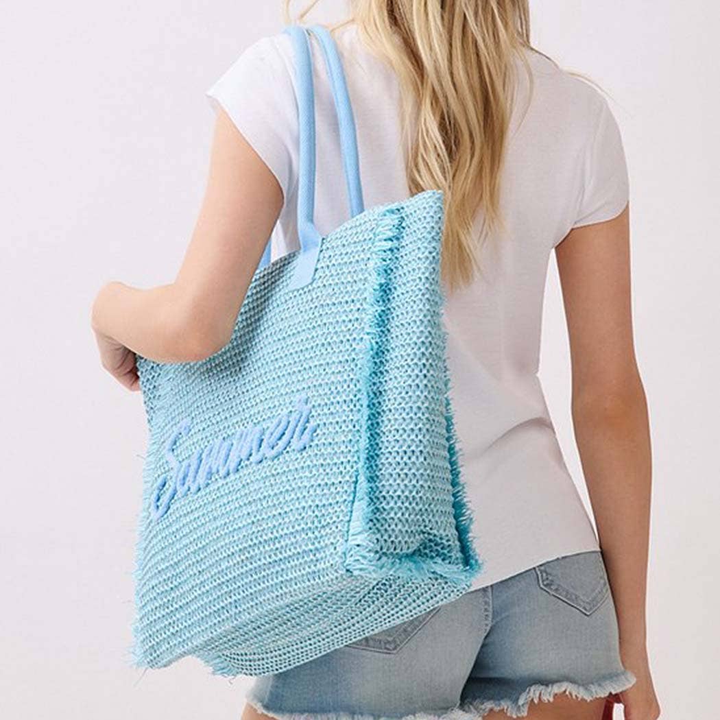 Woven Straw Fringe Tote With Summer Embroidery