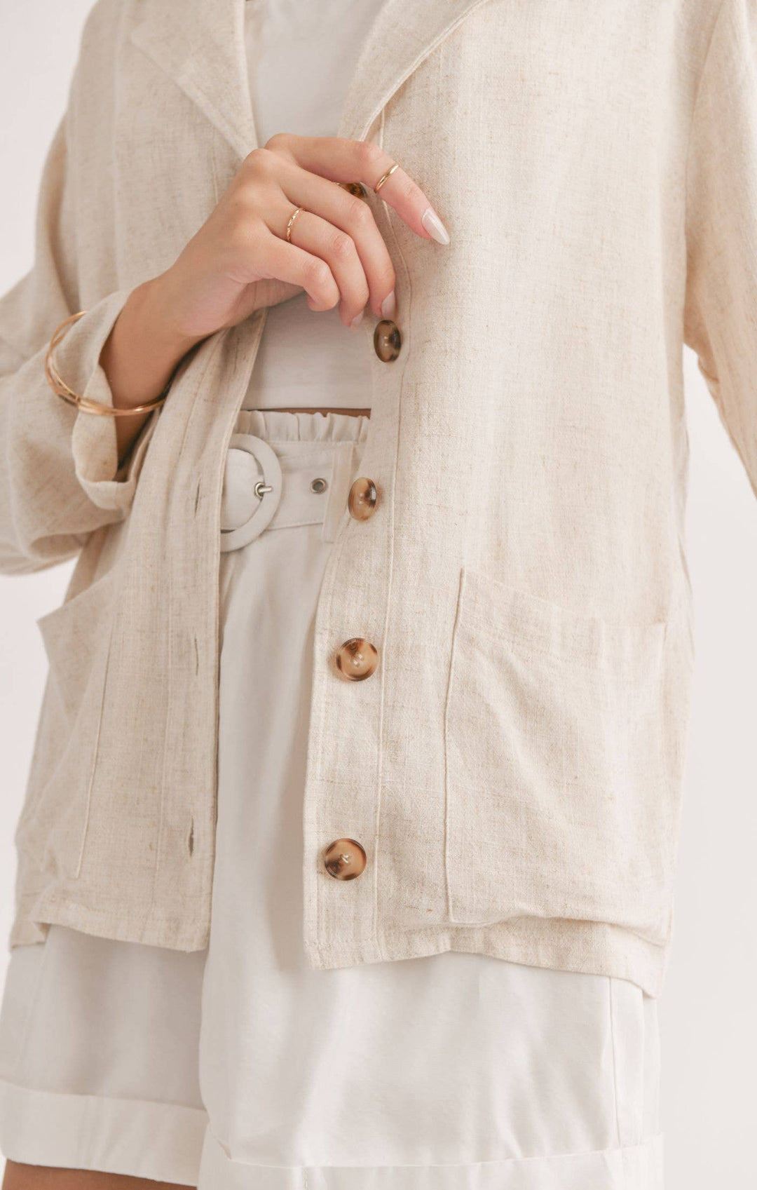 Linen Blend Jacket With Pockets: OATMEAL