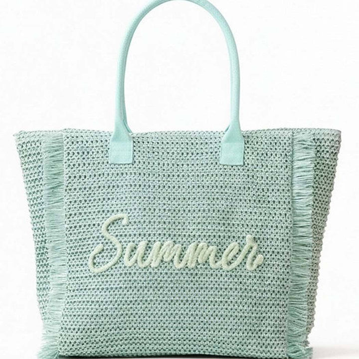 Woven Straw Fringe Tote With Summer Embroidery