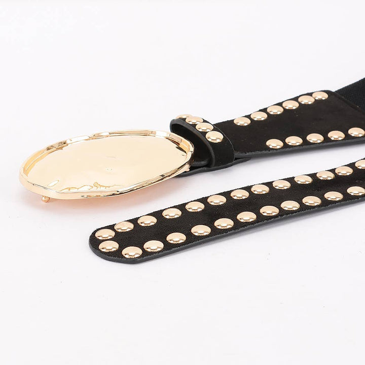 Hammered Metal Buckle Studded Faux Suede Elastic Belt