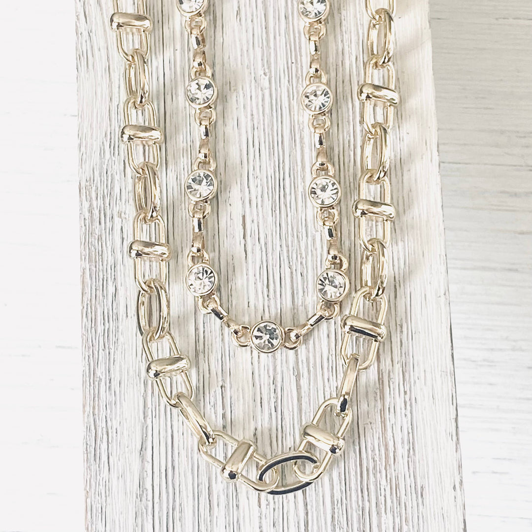Equestrian linked chain layering crystal necklaces 