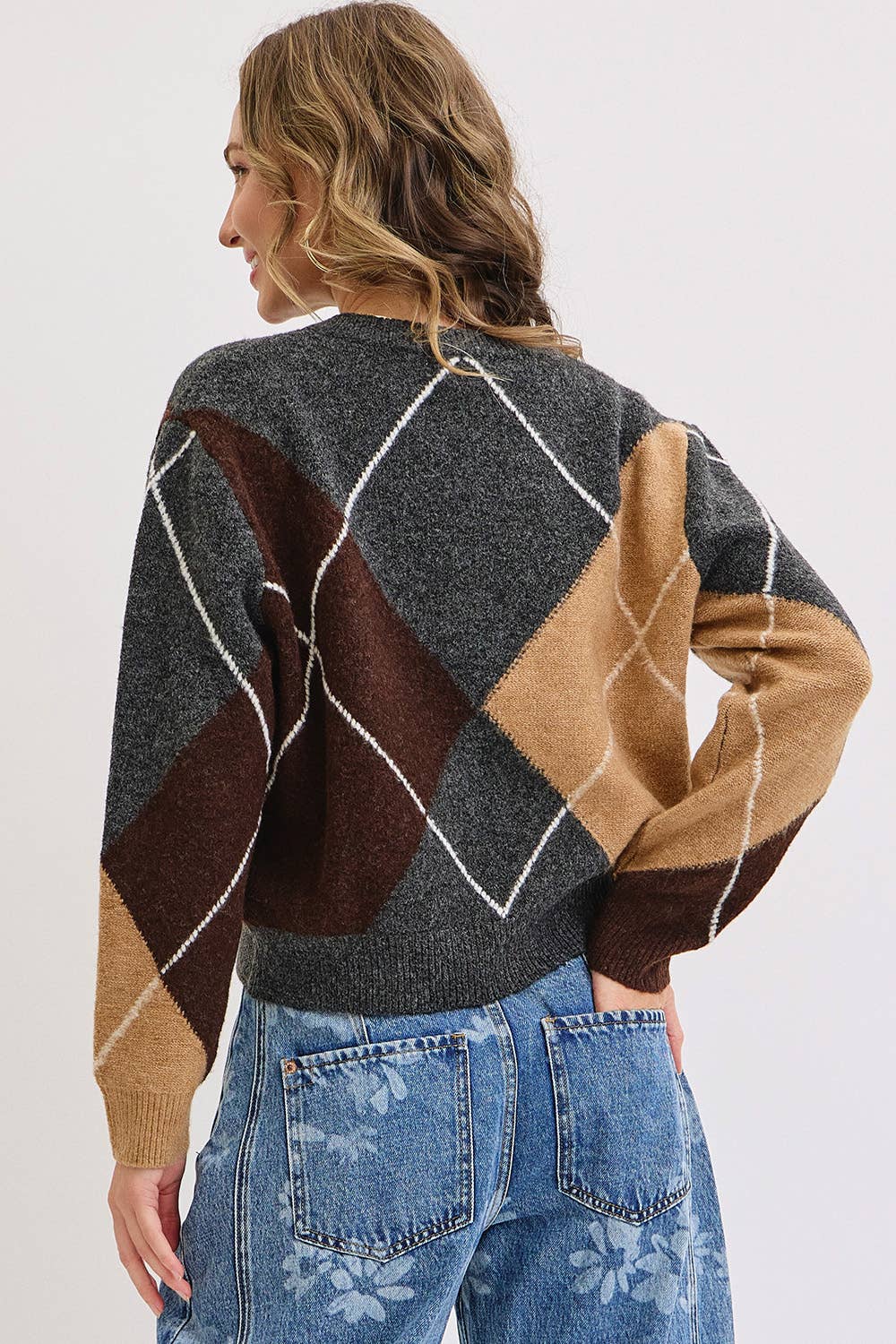 Charcoal Wine Camel  V-Neck Argyle Sweater