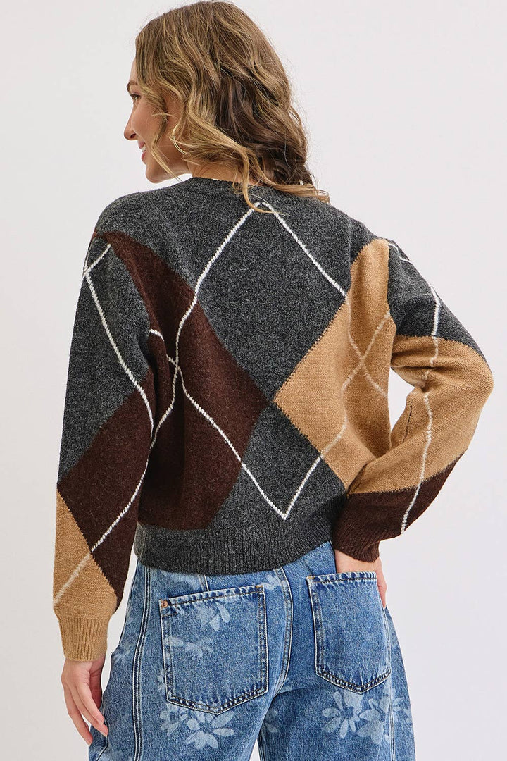 Charcoal Wine Camel  V-Neck Argyle Sweater