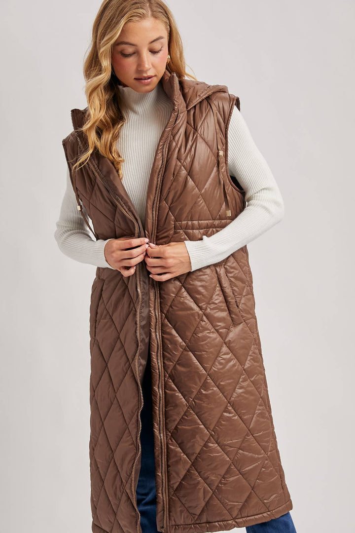 Quilt Puffer Long Hooded Vest
