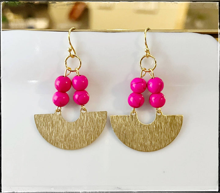Brass Gold Huggie Hoop Circle Dangle Earring Howlite Bead