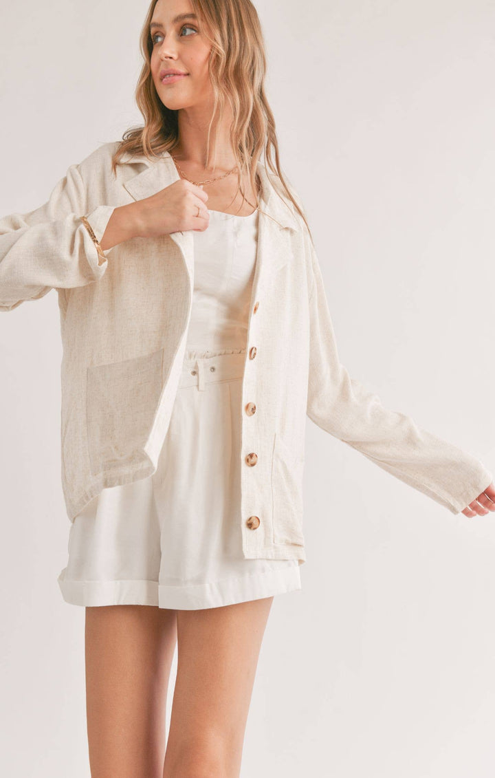 Linen Blend Jacket With Pockets: OATMEAL